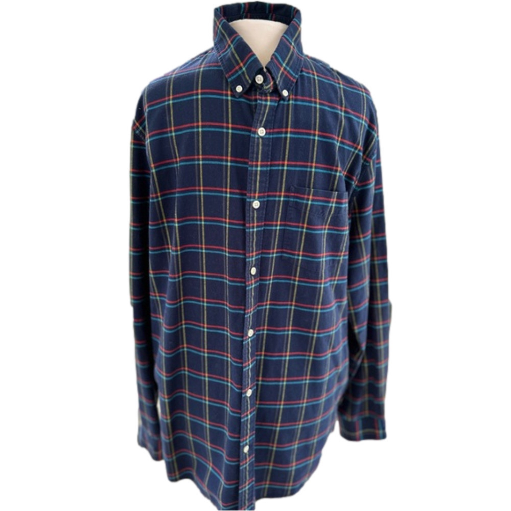 Gap Untucked Fit Navy Size XLT Shirt Long Sleeve Stretch Plaid Button Up